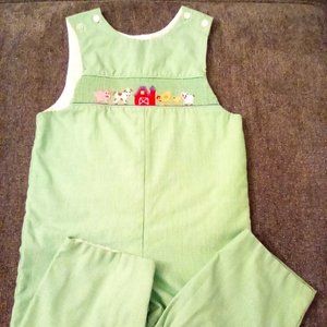 Petit Bebe Boys 24 mos. Smocked Jon Jon, green & white